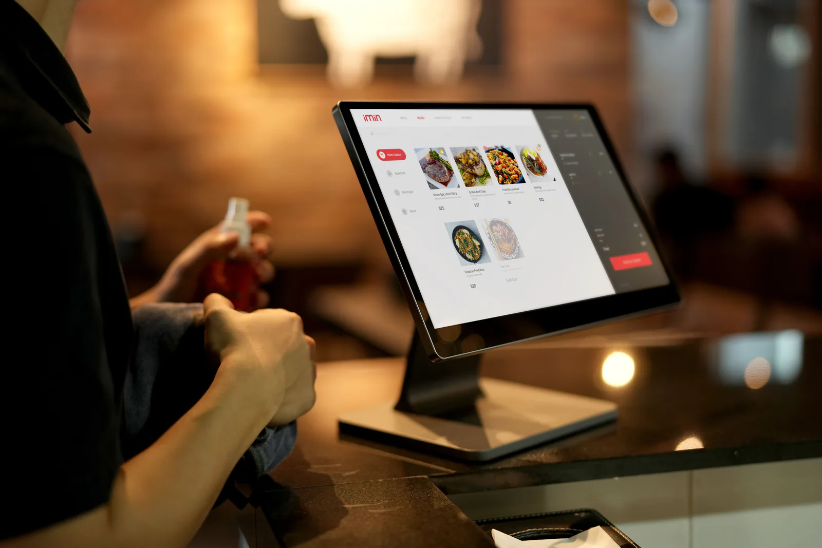 Real self-order touch kiosk in a restaurant