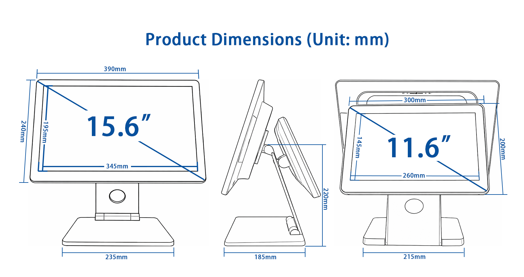 A9 15.6-inch with 11.6-inch dual-screen POS product dimension drawing