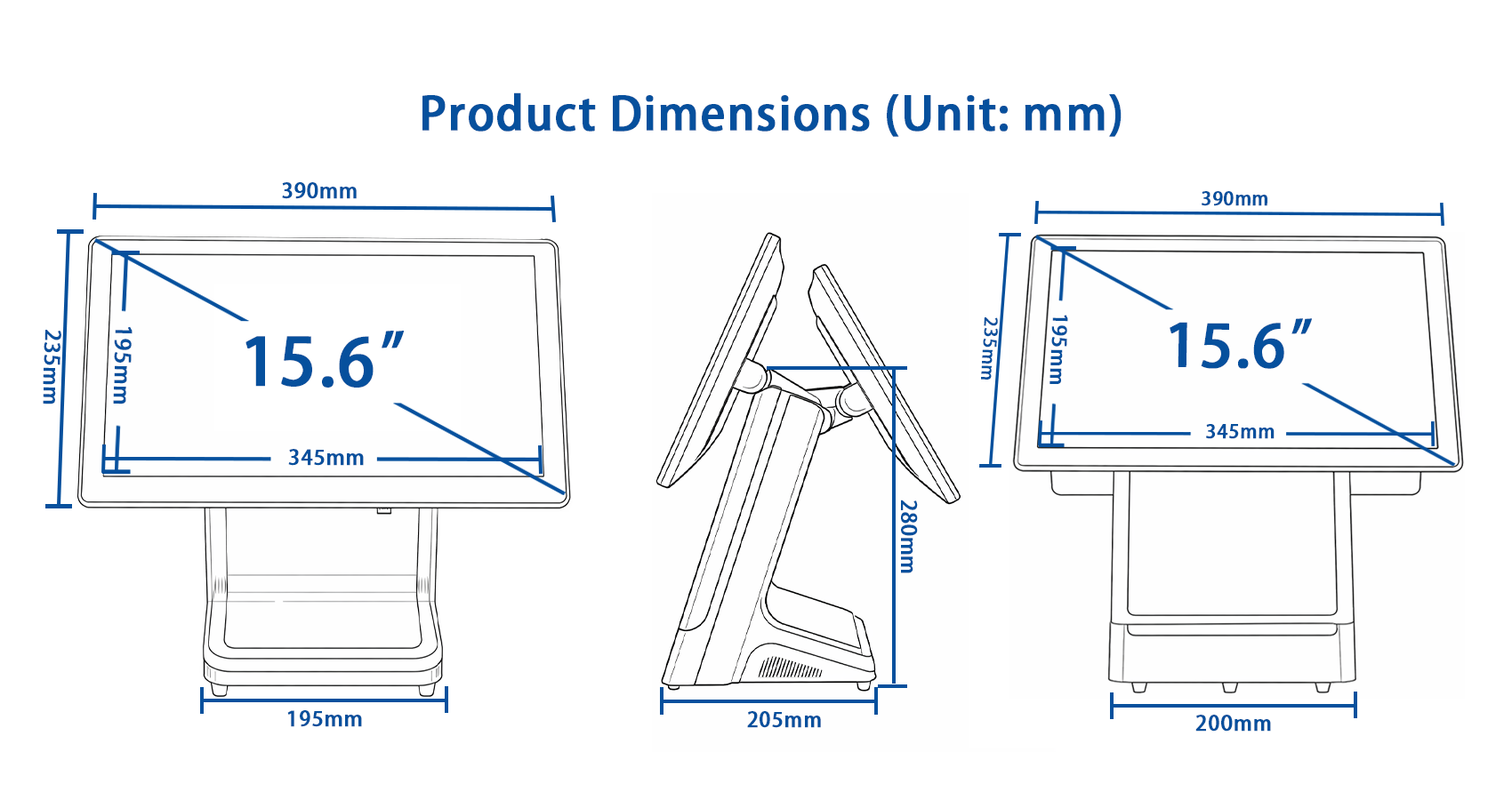 Maßzeichnung des E9 mit 15,6-Zoll-Doppeldisplay