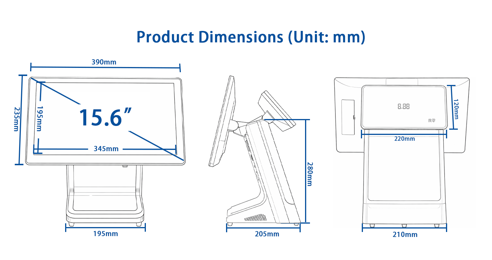 Maßzeichnung des E9 mit 15,6-Zoll-Hauptdisplay und LED-Kundenanzeige